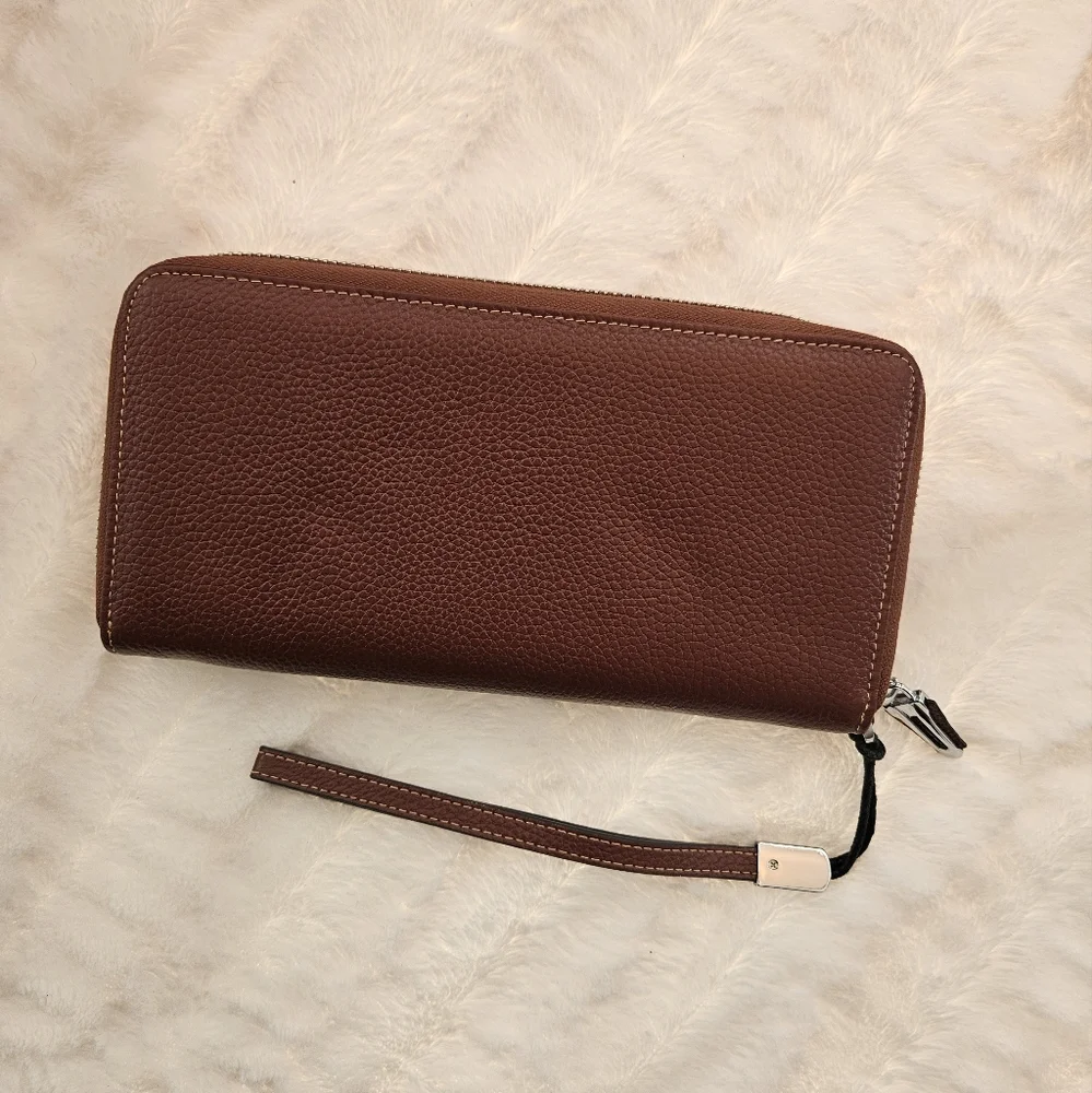 RFID Brown 100% Real Pebbled Leather Wallet Fits Phone and Passport  Wristlet - Picture 2 of 7